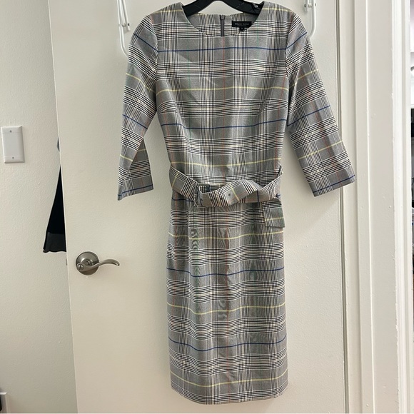 Marie Lund Copenhagen plaid shift midi dress 3/4 sleeve with belt waist tie - Picture 1 of 3